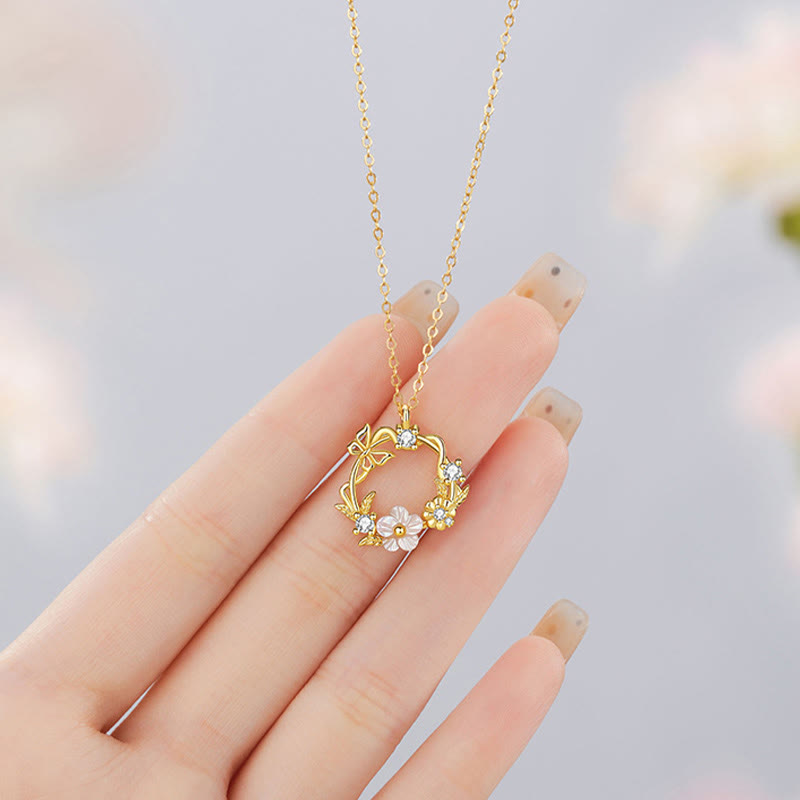 Buddha Stones925スターリングシルバー キュービックジルコニア シェルバタフライ ピーチブロッサム ブレッシングネックレスペンダント
