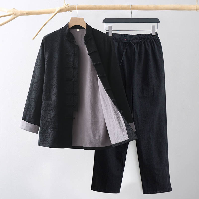 Buddha Stones 2点セット メンズ 唐装 ジャカード つる柄 カエルボタン コットン 長袖 シャツ パンツ セット - 黒 - US/UK/AU44、 EU54 (4XL) - image 10