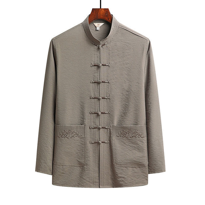 Buddha Stones 2点セット 無地 唐装 メンズ フロッグボタン 長袖 シャツ パンツ セット - タン - シャツ - US/UK/AU42、EU52（4XL） - image 15