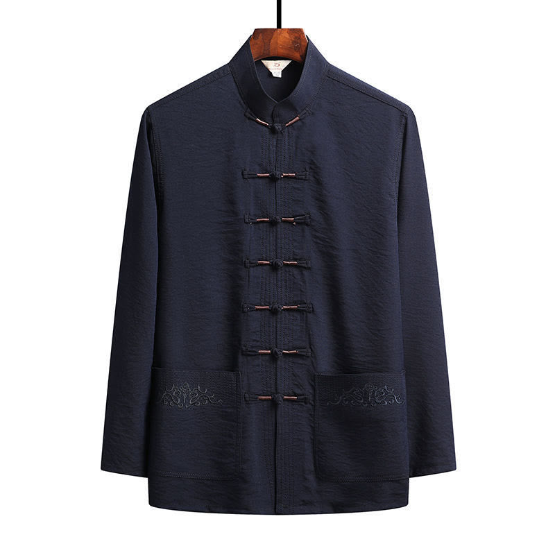 Buddha Stones 2点セット 無地 唐装 メンズ フロッグボタン 長袖 シャツ パンツ セット - スティールブルー - シャツ - US/UK/AU44、 EU54 (4XL) - image 1