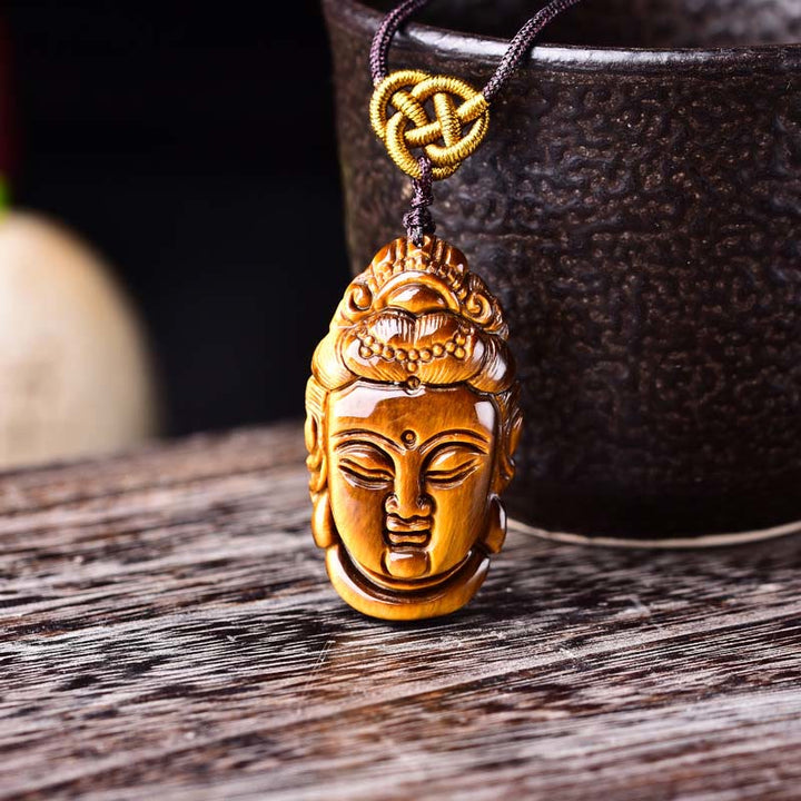 Buddha Stonesタイガーアイ 観音菩薩 頭 紐 強さ ネックレス ペンダント