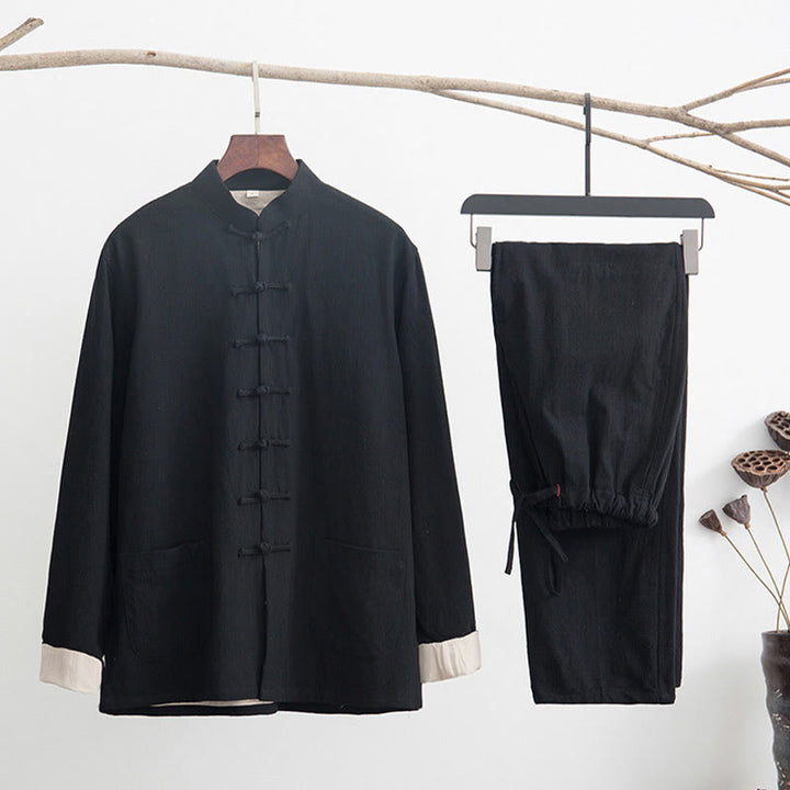 Buddha Stones 2点セット 禅唐装 メンズ リネン カエルボタン 長袖 シャツ パンツ セット - 黒 - US/UK/AU44、 EU54 (4XL) - image 2