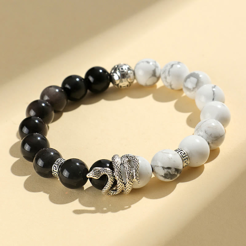 Buddha Stones天然銀光沢黒曜石 ホワイトターコイズ グレージャスパー スノーフレーク黒曜石 蛇年守護ブレスレット