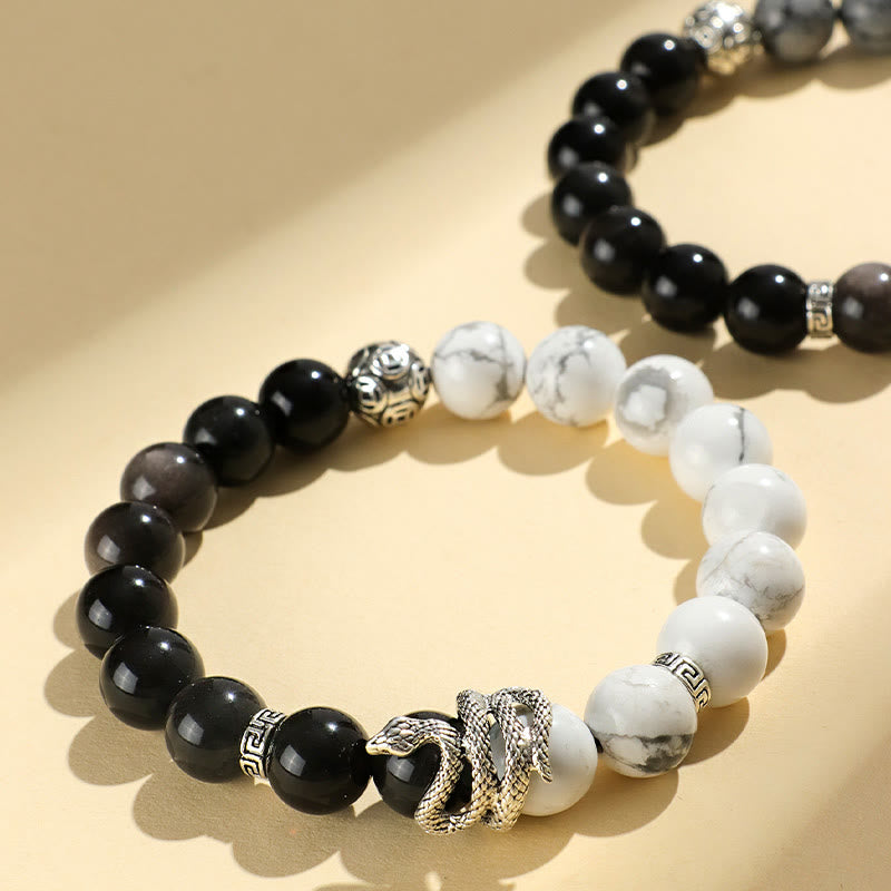 Buddha Stones天然銀光沢黒曜石 ホワイトターコイズ グレージャスパー スノーフレーク黒曜石 蛇年守護ブレスレット