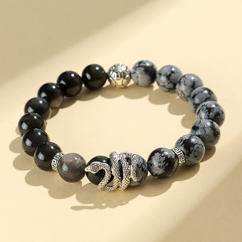 Buddha Stones天然銀光沢黒曜石 ホワイトターコイズ グレージャスパー スノーフレーク黒曜石 蛇年守護ブレスレット