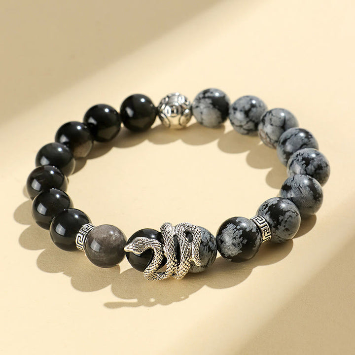 Buddha Stones天然銀光沢黒曜石 ホワイトターコイズ グレージャスパー スノーフレーク黒曜石 蛇年守護ブレスレット