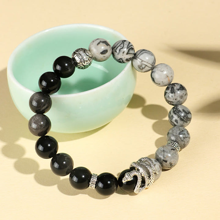 Buddha Stones天然銀光沢黒曜石 ホワイトターコイズ グレージャスパー スノーフレーク黒曜石 蛇年守護ブレスレット