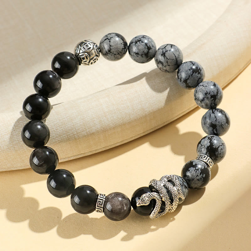Buddha Stones天然銀光沢黒曜石 ホワイトターコイズ グレージャスパー スノーフレーク黒曜石 蛇年守護ブレスレット