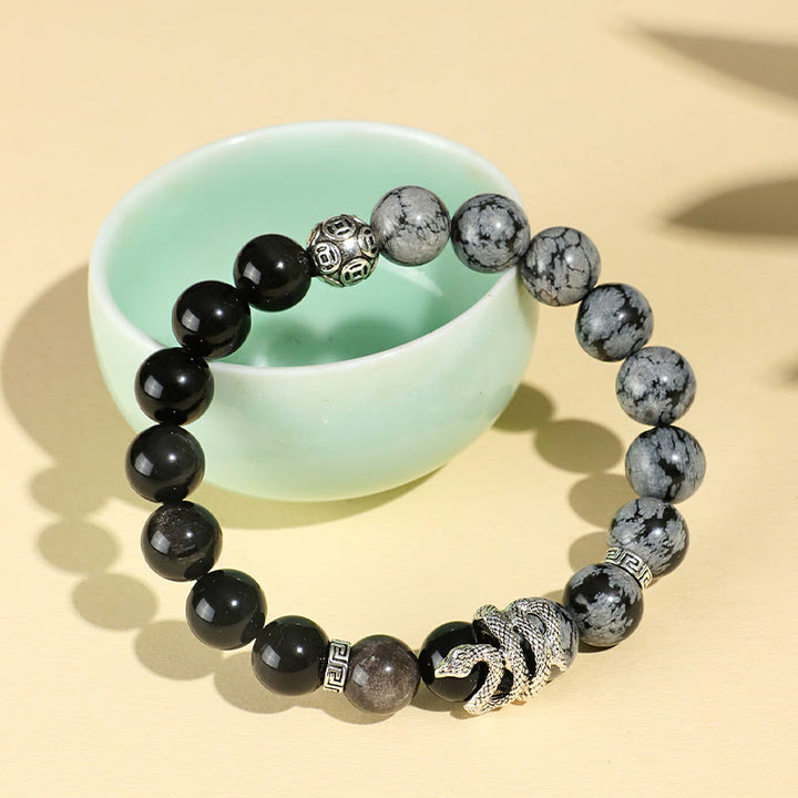 Buddha Stones天然銀光沢黒曜石 ホワイトターコイズ グレージャスパー スノーフレーク黒曜石 蛇年守護ブレスレット