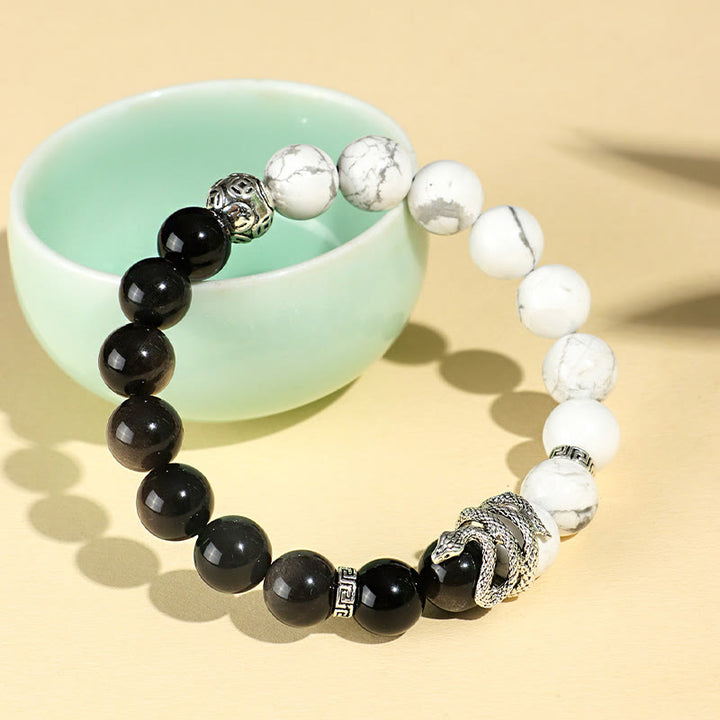 Buddha Stones天然銀光沢黒曜石 ホワイトターコイズ グレージャスパー スノーフレーク黒曜石 蛇年守護ブレスレット