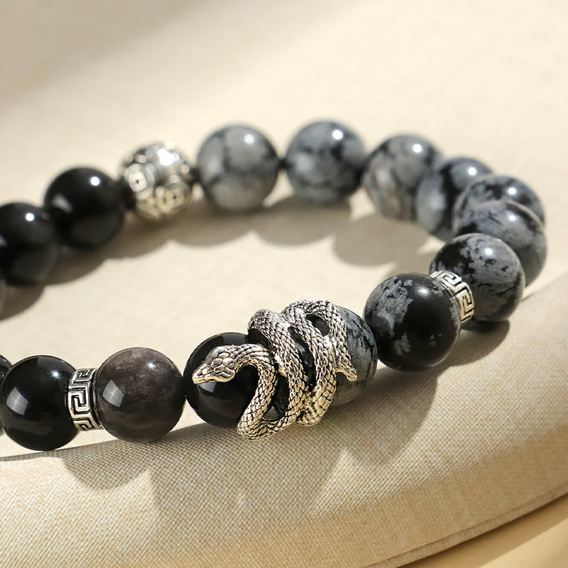 Buddha Stones天然銀光沢黒曜石 ホワイトターコイズ グレージャスパー スノーフレーク黒曜石 蛇年守護ブレスレット