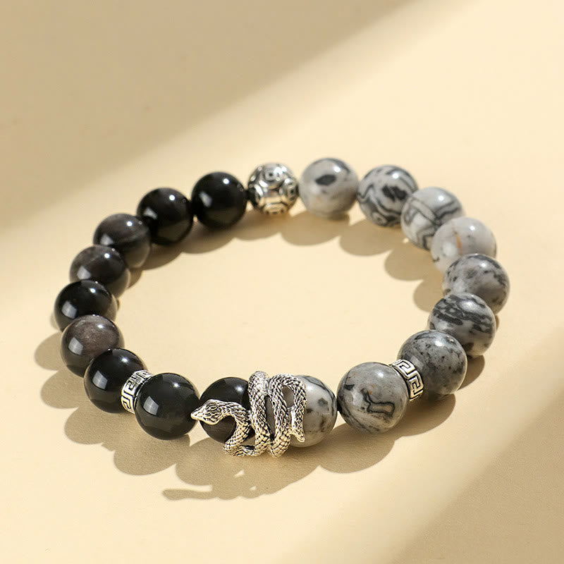 Buddha Stones天然銀光沢黒曜石 ホワイトターコイズ グレージャスパー スノーフレーク黒曜石 蛇年守護ブレスレット