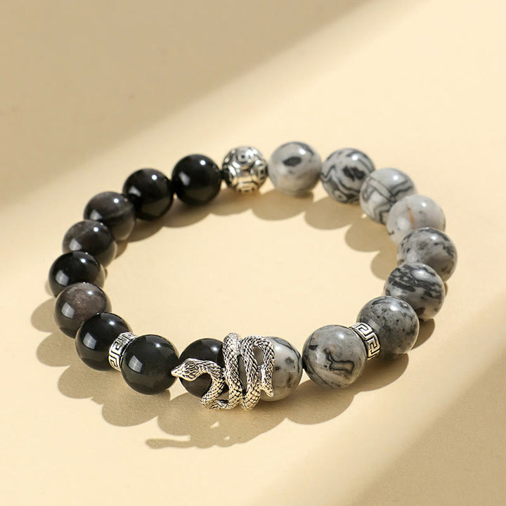 Buddha Stones天然銀光沢黒曜石 ホワイトターコイズ グレージャスパー スノーフレーク黒曜石 蛇年守護ブレスレット
