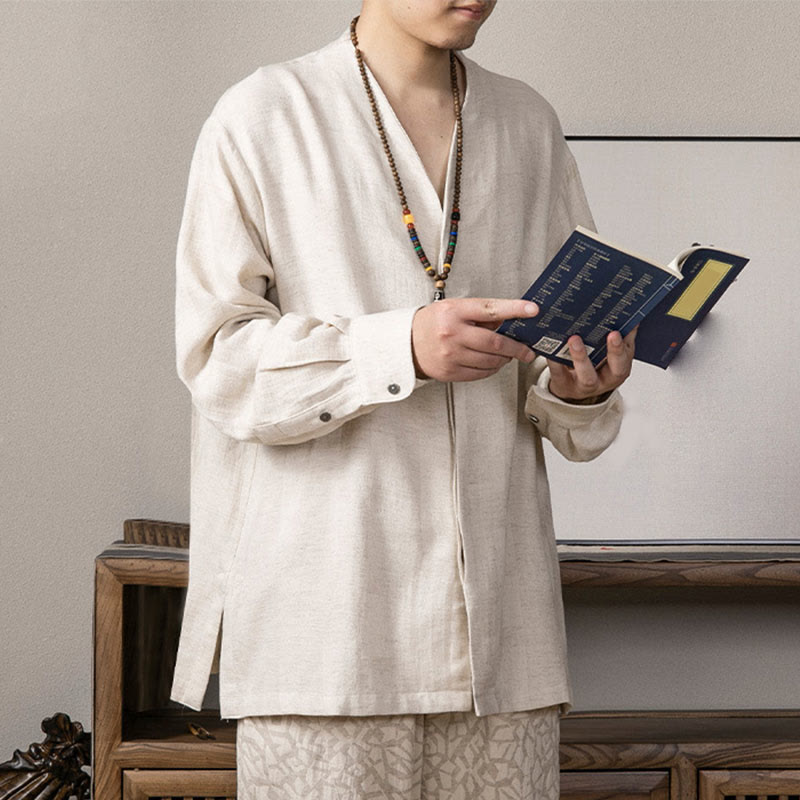 Buddha StonesVネック メンズ リネン 長袖シャツ 禅服 - image 11