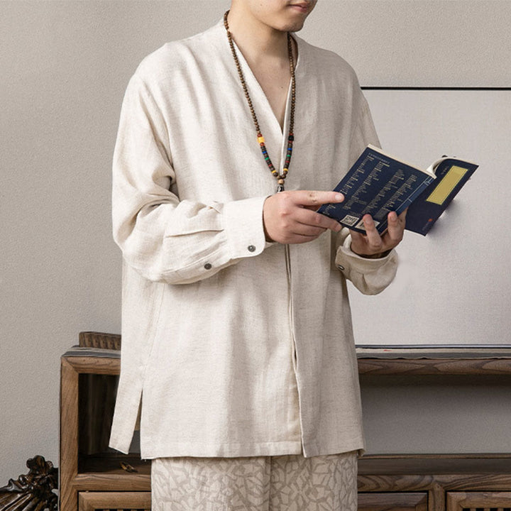 Buddha StonesVネック メンズ リネン 長袖シャツ 禅服 - image 11