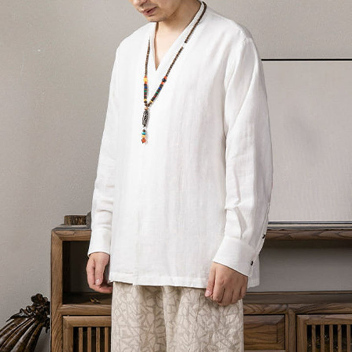Buddha StonesVネック メンズ リネン 長袖シャツ 禅服 - image 2