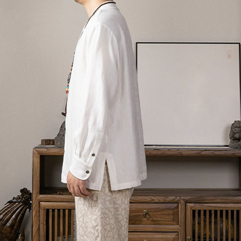 Buddha StonesVネック メンズ リネン 長袖シャツ 禅服 - image 3