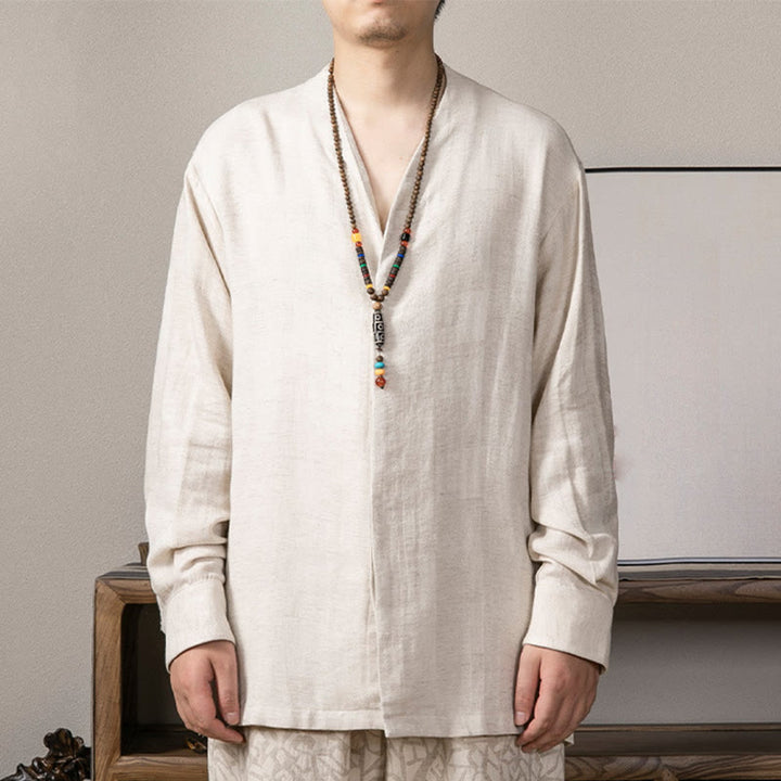 Buddha StonesVネック メンズ リネン 長袖シャツ 禅服 - リネン - US/UK/AU44、 EU54 (4XL) - image 10