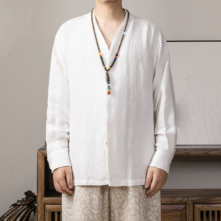 Buddha StonesVネック メンズ リネン 長袖シャツ 禅服 - 白 - US/UK/AU44、 EU54 (4XL) - image 0