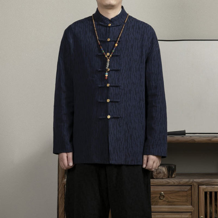 Buddha Stonesカジュアル フロッグボタン タンスーツ ジャカード リネン メンズ シャツ