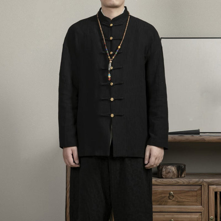 Buddha Stonesカジュアル フロッグボタン タンスーツ ジャカード リネン メンズ シャツ