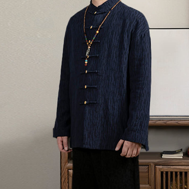 Buddha Stonesカジュアル フロッグボタン タンスーツ ジャカード リネン メンズ シャツ
