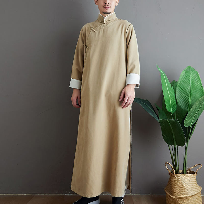 Buddha Stonesが落ちる無地の中国風カエルボタンのメンズ唐装ローブ - モカシン - US/UK/AU38、 EU48 (XL) - image 9