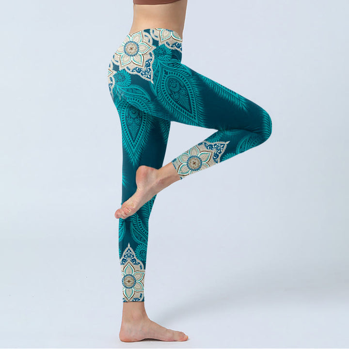 Buddha Stonesグリーンフェザーフラワープリント ジムフィットネスレギンス レディース ヨガパンツ - image 4