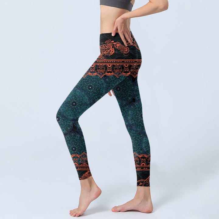 Buddha Stonesグリーン マンダラ フラワープリント ジム フィットネス レギンス レディース ヨガパンツ - image 3