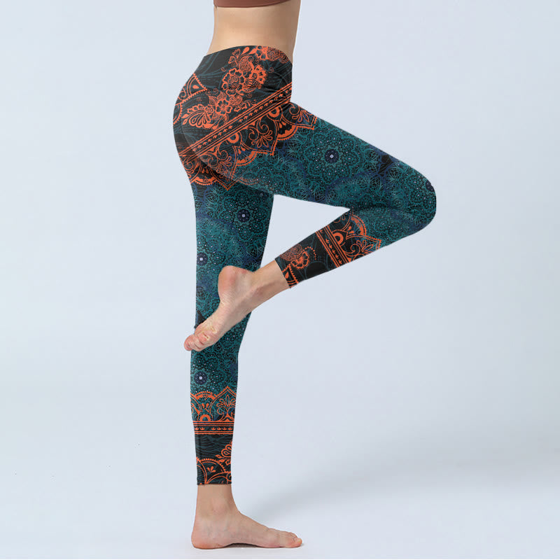 Buddha Stonesグリーン マンダラ フラワープリント ジム フィットネス レギンス レディース ヨガパンツ - image 4