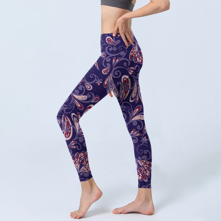 Buddha Stones紫の花びらプリント ジム フィットネス レギンス レディース ヨガパンツ - image 3