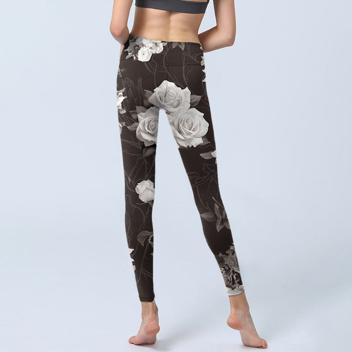 Buddha Stonesグレー ホワイト ローズプリント ジム フィットネス レギンス レディース ヨガパンツ - image 7