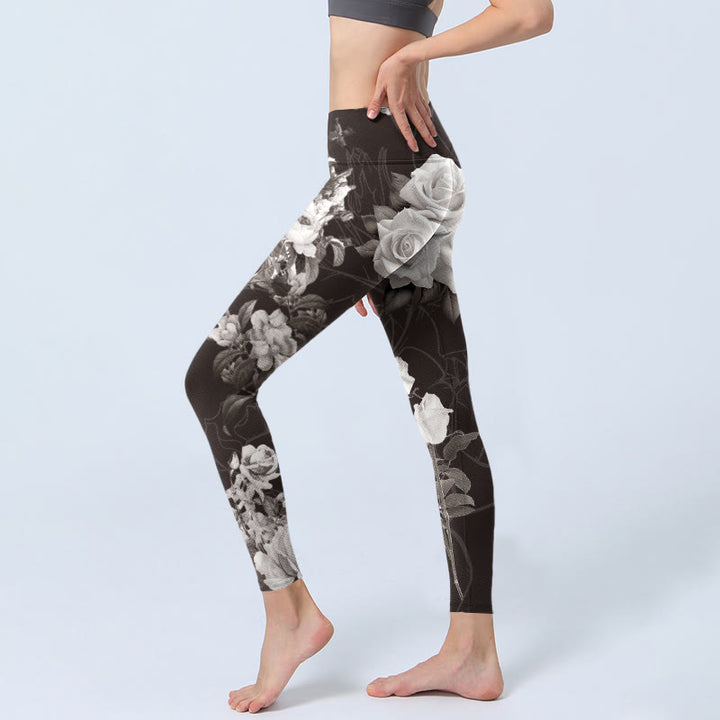 Buddha Stonesグレー ホワイト ローズプリント ジム フィットネス レギンス レディース ヨガパンツ - image 3