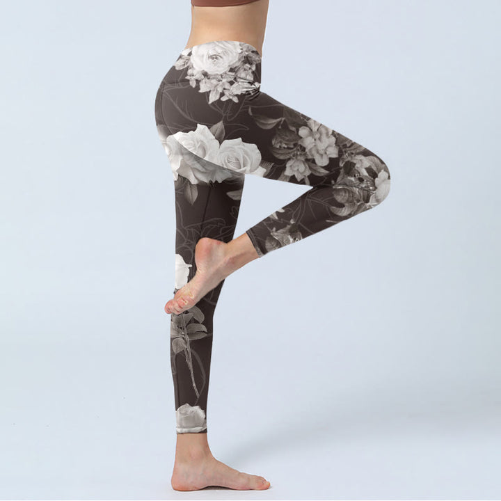 Buddha Stonesグレー ホワイト ローズプリント ジム フィットネス レギンス レディース ヨガパンツ - image 4