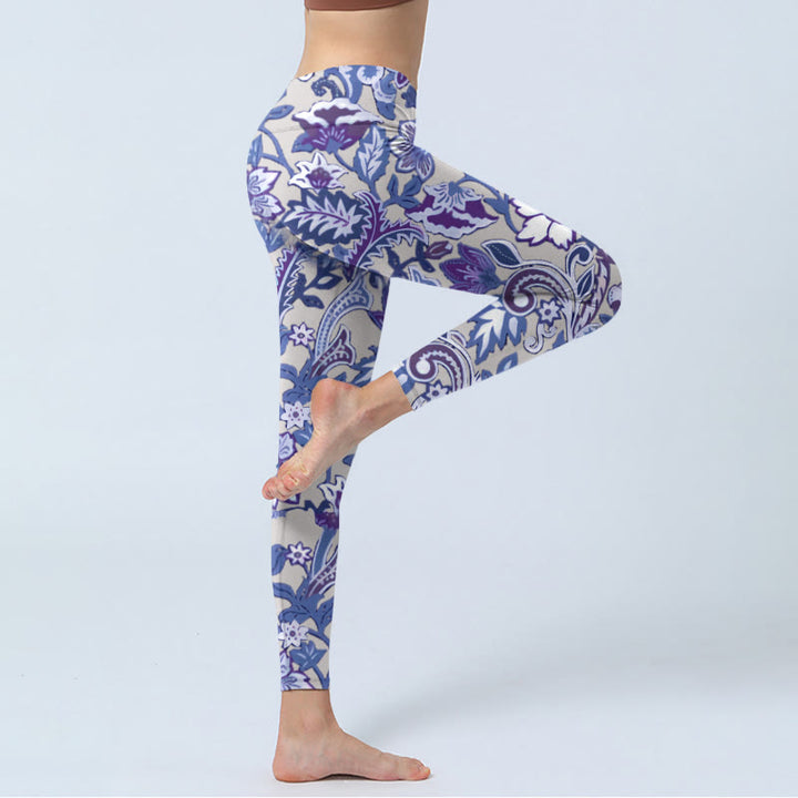 Buddha Stones、紫の花、葉のプリント、ジムフィットネスレギンス、レディースヨガパンツ - image 4