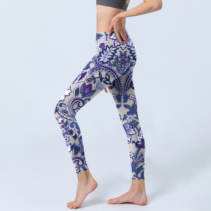 Buddha Stones、紫の花、葉のプリント、ジムフィットネスレギンス、レディースヨガパンツ - image 3