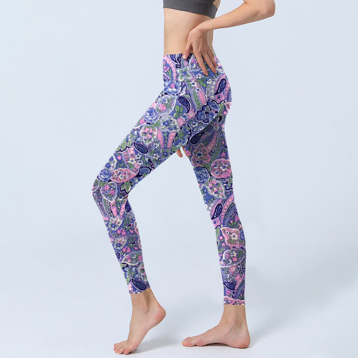 Buddha Stonesパープル ピンク カシューフラワープリント ジム フィットネス レギンス レディース ヨガパンツ - image 3