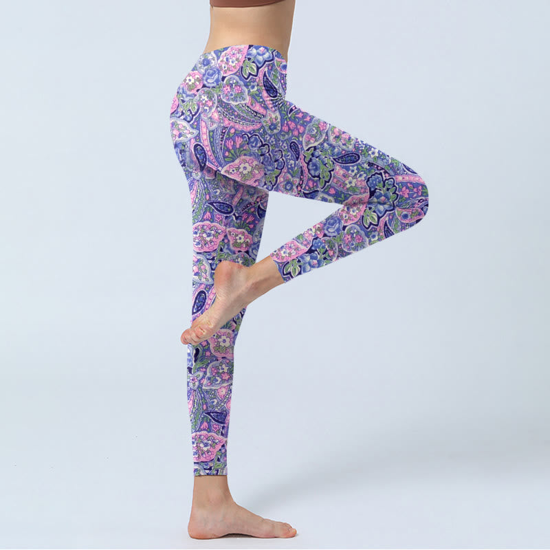 Buddha Stonesパープル ピンク カシューフラワープリント ジム フィットネス レギンス レディース ヨガパンツ - image 4