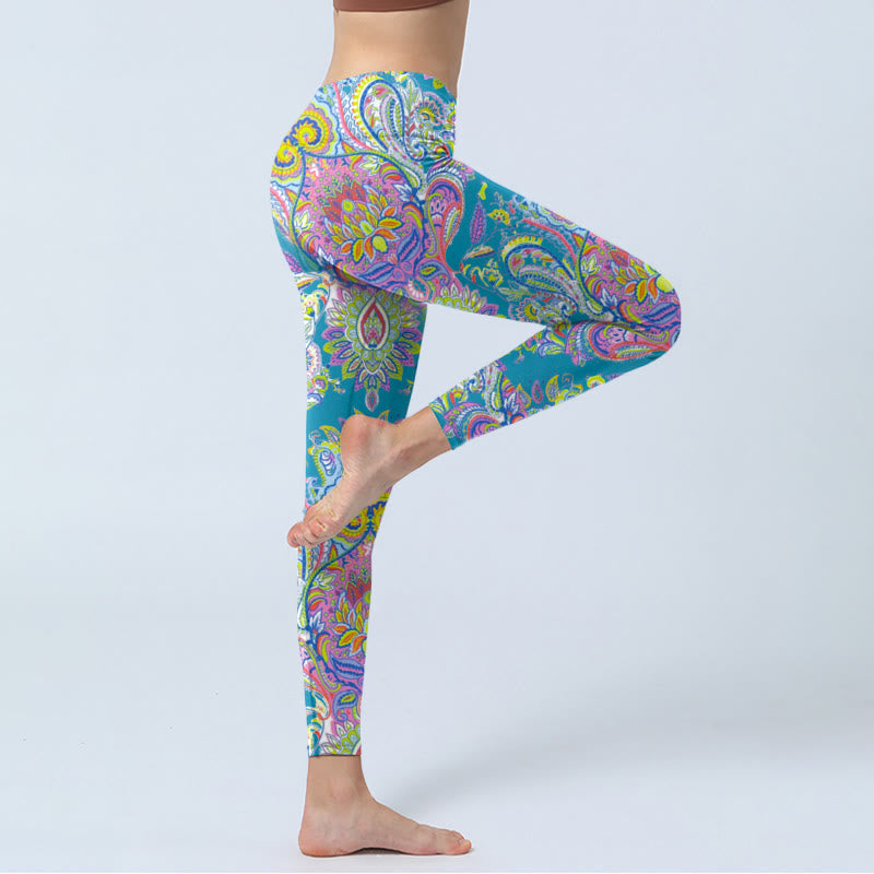 Buddha Stonesブルー ピンク グリーン フラワープリント ジム フィットネス レギンス レディース ヨガパンツ - image 4