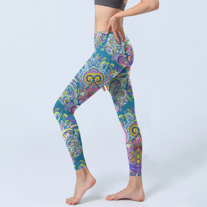 Buddha Stonesブルー ピンク グリーン フラワープリント ジム フィットネス レギンス レディース ヨガパンツ - image 3