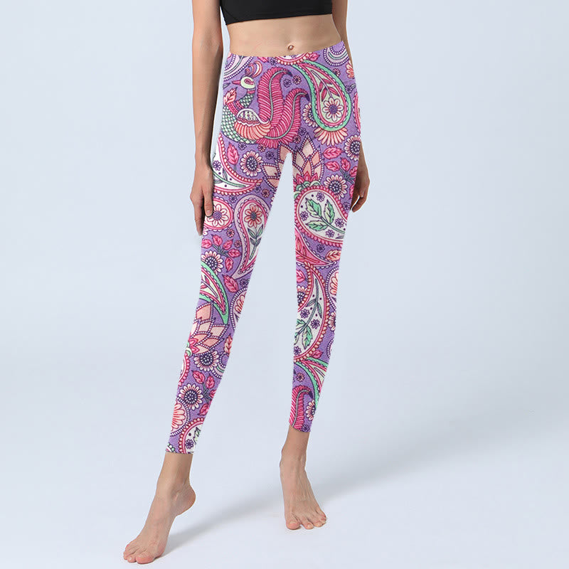Buddha Stonesパープル ピンク カシューフラワー ひまわりプリント ジム フィットネス レギンス レディース ヨガパンツ - image 6