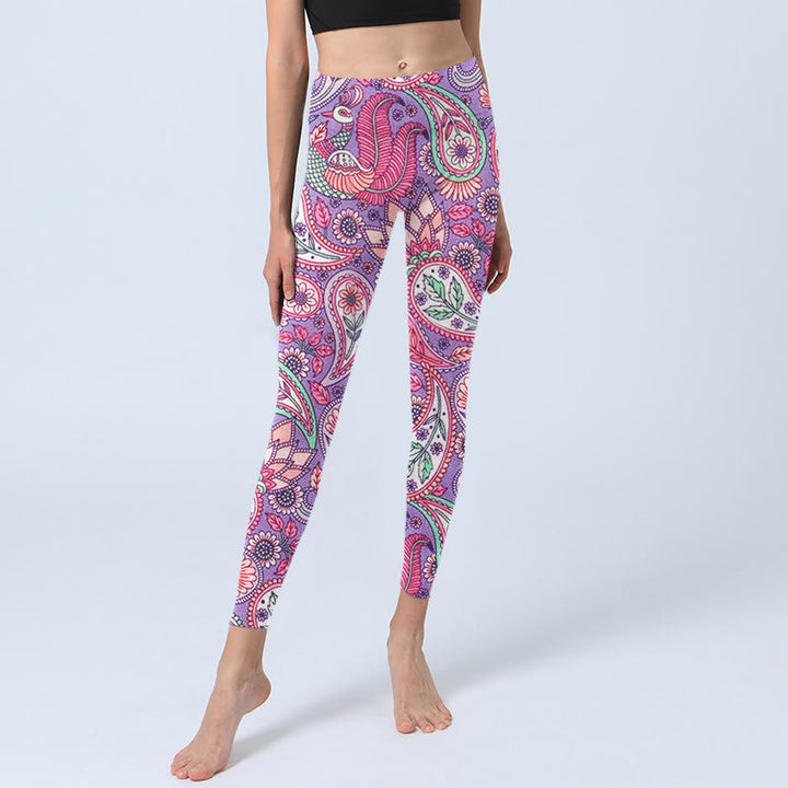 Buddha Stonesパープル ピンク カシューフラワー ひまわりプリント ジム フィットネス レギンス レディース ヨガパンツ - image 6