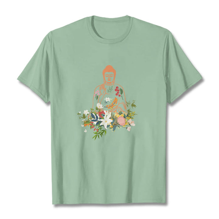 Buddha Stones、瞑想する仏陀、咲く花柄Tシャツ - ペールグリーン - 2XL - image 15