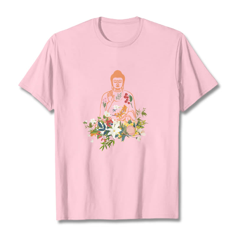 Buddha Stones、瞑想する仏陀、咲く花柄Tシャツ - ライトピンク - 2XL - image 13