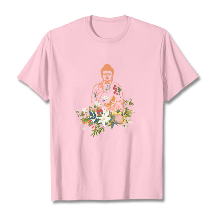 Buddha Stones、瞑想する仏陀、咲く花柄Tシャツ - ライトピンク - 2XL - image 13
