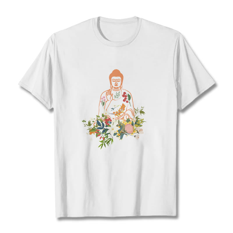 Buddha Stones、瞑想する仏陀、咲く花柄Tシャツ - 白 - 2XL - image 6