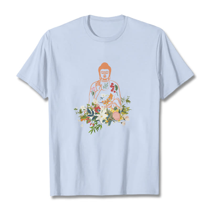 Buddha Stones、瞑想する仏陀、咲く花柄Tシャツ - ライトシアン - 2XL - image 18
