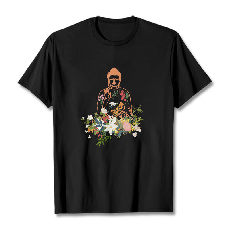 Buddha Stones、瞑想する仏陀、咲く花柄Tシャツ - 黒 - 2XL - image 0