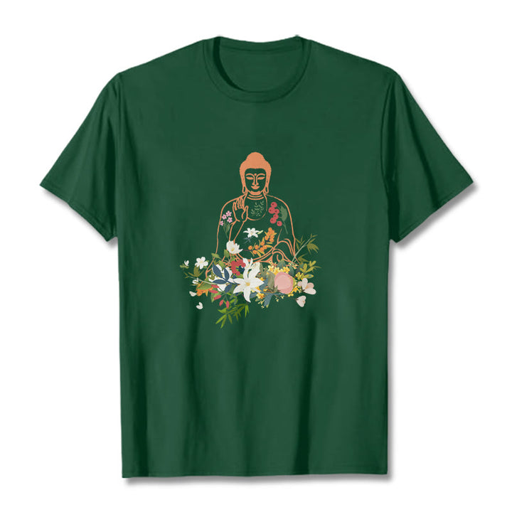 Buddha Stones、瞑想する仏陀、咲く花柄Tシャツ - フォレストグリーン - 2XL - image 10