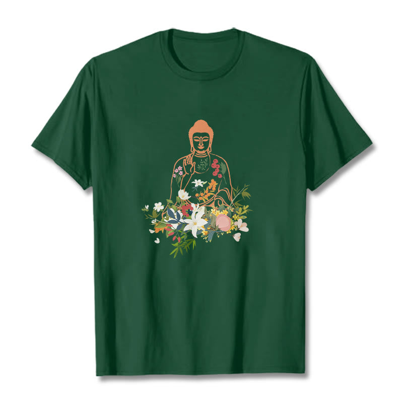 Buddha Stones、瞑想する仏陀、咲く花柄Tシャツ - フォレストグリーン - 2XL - image 11